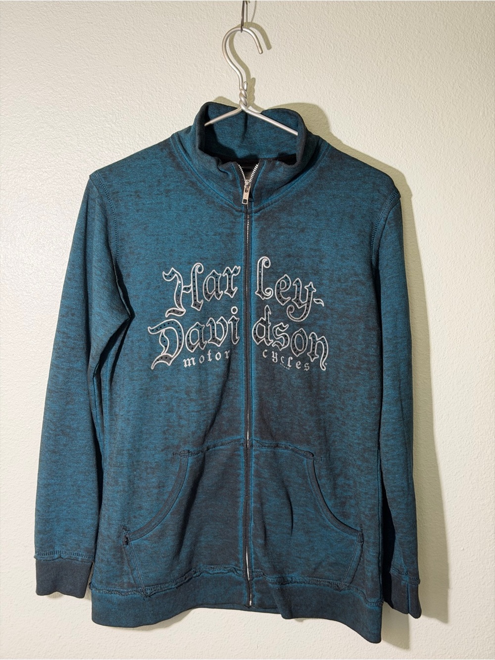 Harley-Davidson Women's Sz M Burnout Zip Jacket Teal Rhinestone New Hampshire